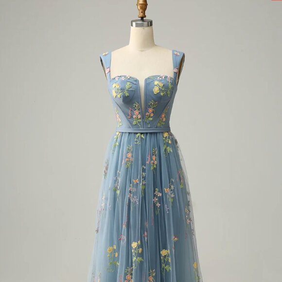 blue embroidered tulle prom gown . bridesmaid gowm - Picture 4 of 10